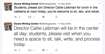 Twitter messages inviting students to open hours in the writing center.