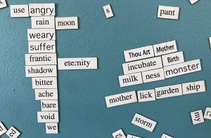 Magnetic poetry words placed together to make two poems. One says “use angry / rain moon / weary / suffer / frantic eternity / shadow / bitter/ ache / bare / void / we” and the other says Thou Art Mother / incubate Birth / milkness monster / mother lick garden ship.”