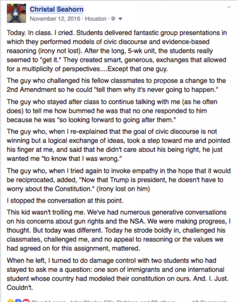 Facebook post detailing a confrontation between a student and his professor.