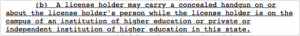 Text in a monospaced typeface describing the right to carry concealed weapons on college campuses.