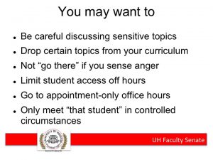 Bullet points advising faculty how to adjust behavior to avoid confrontation with gun-carrying students.