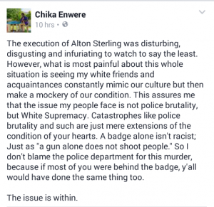 A Facebook post describing a reaction to video footage of the killing of Alton Sterling.