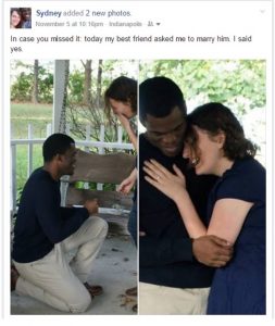 A Facebook post relaying the author's engagement. Two photos are included, one of the author's fiancé on his knee and another of the couple embracing.