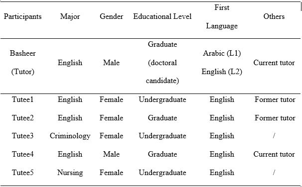 Table indicating tutor and tutee major, gender, educational level, first language, and other information indicating whether the participant was a former or current tutor.