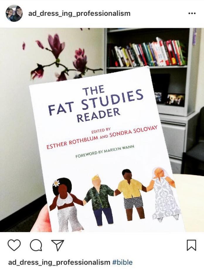 Instagram screenshot of the book, "The Fat Studies Reader." Caption includes the hashtag, "Bible."