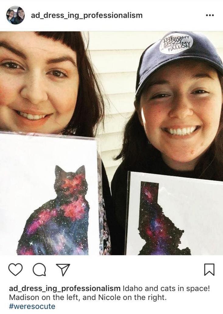 Instagram screenshot. Caption reads, "Idaho and cats in space! Madison on the left, and Nicole on the right. #weresocute"