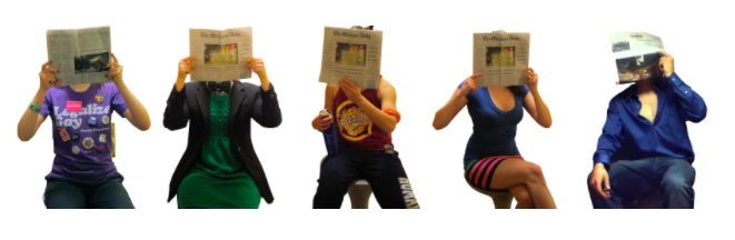 Five people, each dressed differently, and each holding a newspaper in front of their faces.