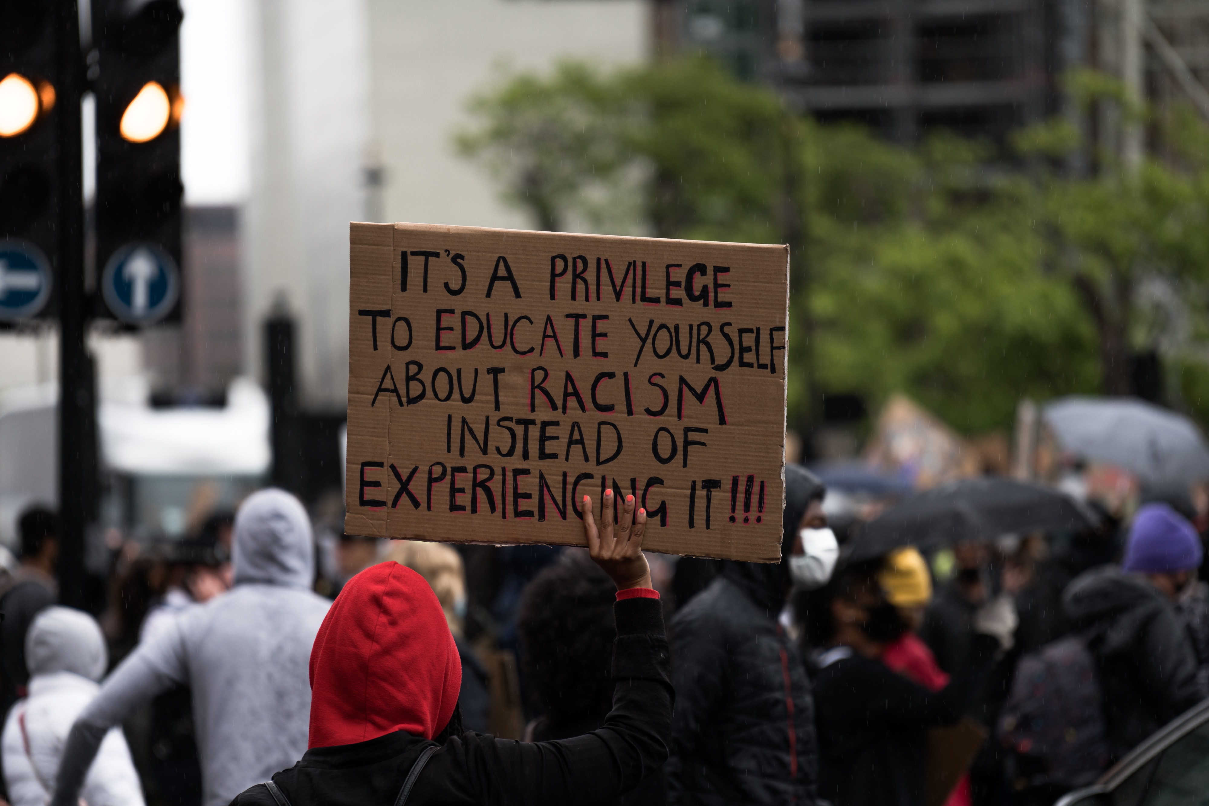 Image 10 - This photo shows a protest in the background. In the foreground we see the back of a person holding a sign that reads, "It's a privilege to educate yourself about racism instead of experiencing it!!!"