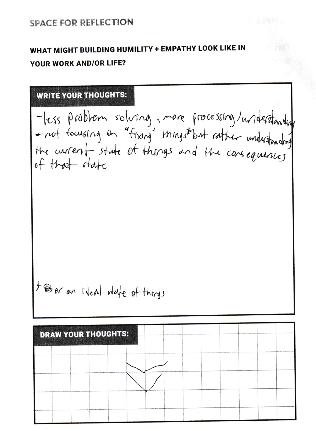 Image 4 - This image is of a handwritten worksheet from the ECCD exercise, "What Building Humility and Empathy looks like in your work and life?" written by Vikki Klein. It reads, “Less problem solving, more processing/understanding. Not focusing on “fixing things” but rather understanding the current state of things and the consequences of that state.”