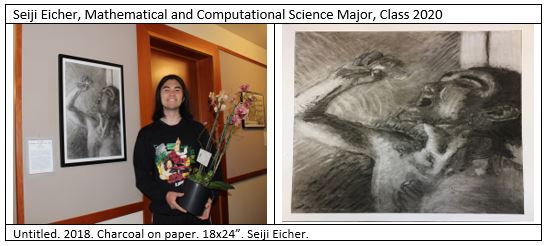 The image on the left is of the artist, Seiji Eicher, a Mathematical and Computational Science Major, Class 2020. He is holding a pot of flowers. Over his shoulder is his painting, "Untitled." 2018. The image on the right is a close up of "Untitled."