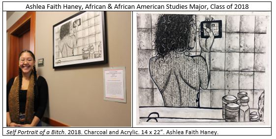 The image on the left is of the artist, Ashlea Faith Haney. Over her shoulder is her painting, "Self Portrait of a Bitch." 2018. Charcoal and Acrylic. 14 x 22". The image on the left is a close of the "Self Portrait."