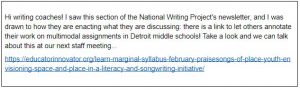 Email about the National Writing Project initiative