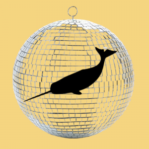 Image 2: “A dark narwhal and a silver disco ball on a yellow background”