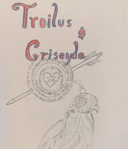Image 3: “A drawing of an arrow with the text ‘Troilus and Criseyde’ and passages of text in Middle English”