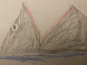 Image 8: “A hand-drawn picture of a shark rising out of the ocean with its mouth open”