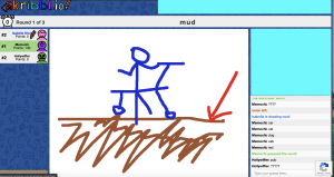 Image 9: “A rudimentary drawing of a blue stick figure playing in a depiction of light brown mud”
