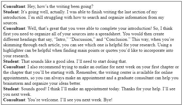 Image text reads: Consultant: Hey, how’s the writing been going? Student: It’s going well, actually. I was able to finish writing the last section of my introduction. I’m still struggling with how to search and organize information from my sources. Consultant: Well, that’s great that you were able to complete your introduction! So, I think first you need to organize all of your sources into a spreadsheet. You would then create different headings that say, “Intro,” “Discussion,” and “Conclusion.” This way, when you’re skimming through each article, you can see which one is helpful for your research. Using a highlighter can be helpful when finding main points or quotes you’d like to incorporate into your research. Student: That sounds like a good idea. I’ll need to start doing that. Consultant: I also recommend trying to make an outline for next week on your first chapter or the chapter that you’ll be starting with. Remember, the writing center is available for online appointments, so you can always make an appointment and a graduate consultant can help you brainstorm and organize your ideas better. Student: Sounds good! I think I’ll make an appointment today. Thanks for your help. I’ll see you next week. Consultant: You’re welcome. I’ll see you next week. Bye!