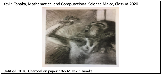 The image on the left is of the artist, Kevin Tanaka, a Mathematical and Computational Science Major, Class 2020. He is holding a pot of flowers. Over his shoulder is his painting, "Untitled." 2018. The image on the right is a close up of "Untitled."