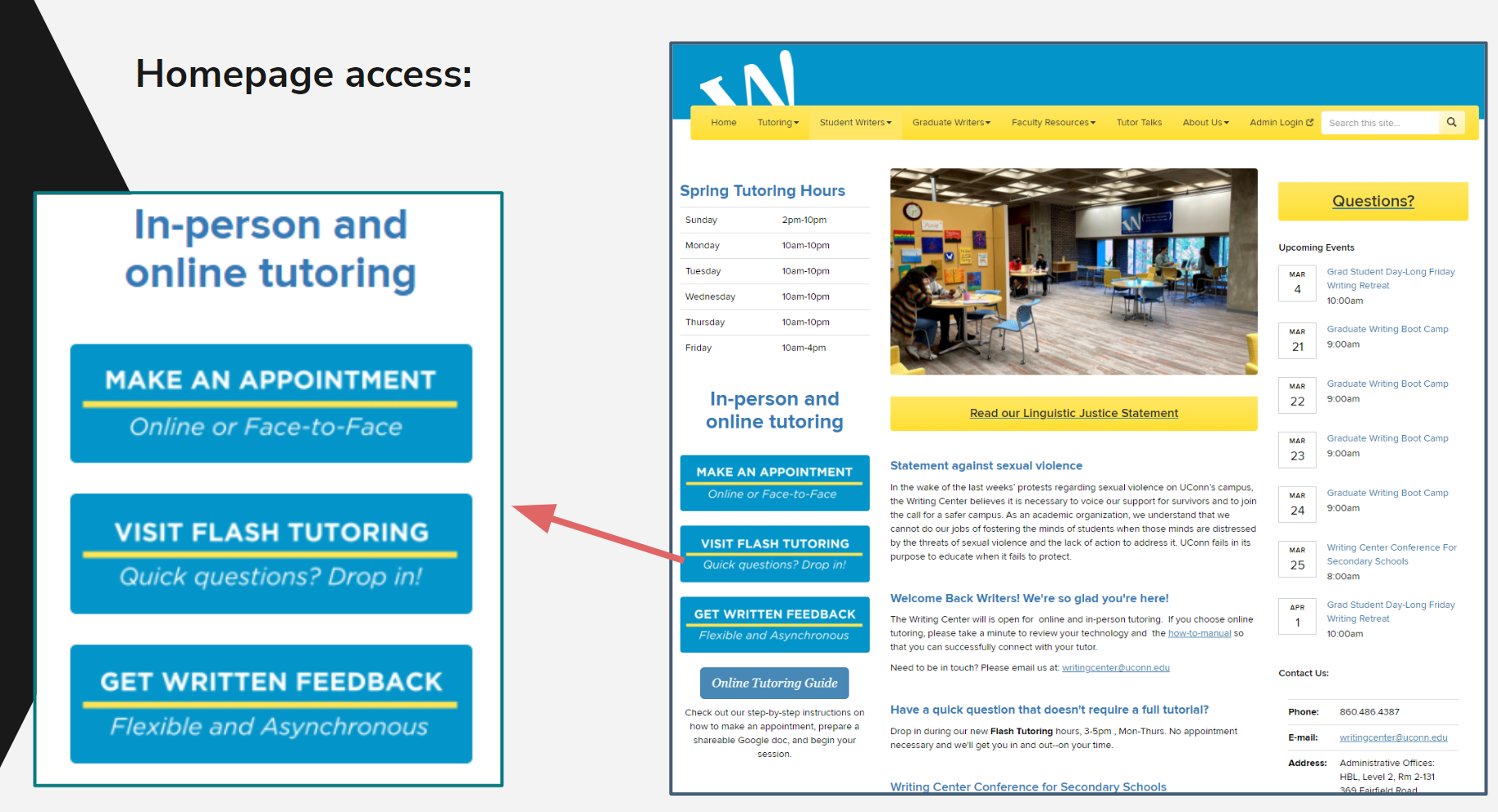 Screen capture of a writing center's homepage with three prominently displayed buttons, one for each modality including online or face-to-face synchronous tutoring, Flash Tutoring, and Written Feedback.