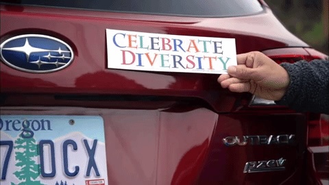 On a red car rear bumper, a rectangle white sticker that reads “Celebrate Diversity” in rainbow colors.
