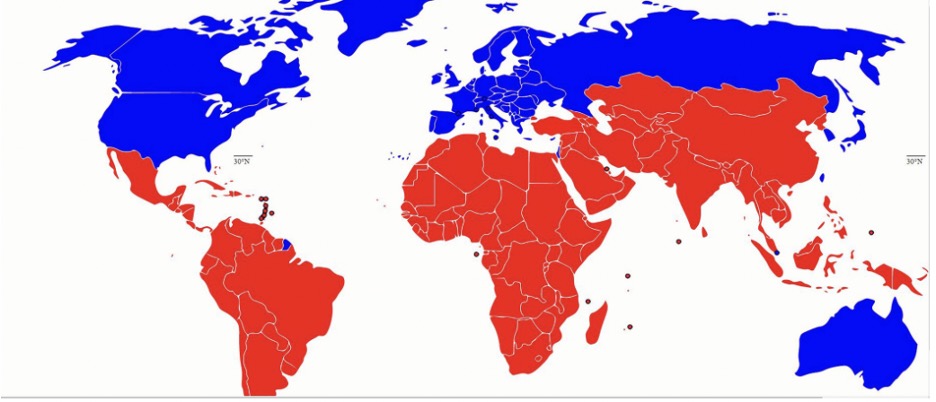 map of the world with red indicating the Global South in red and indicating the Global North in blue. 