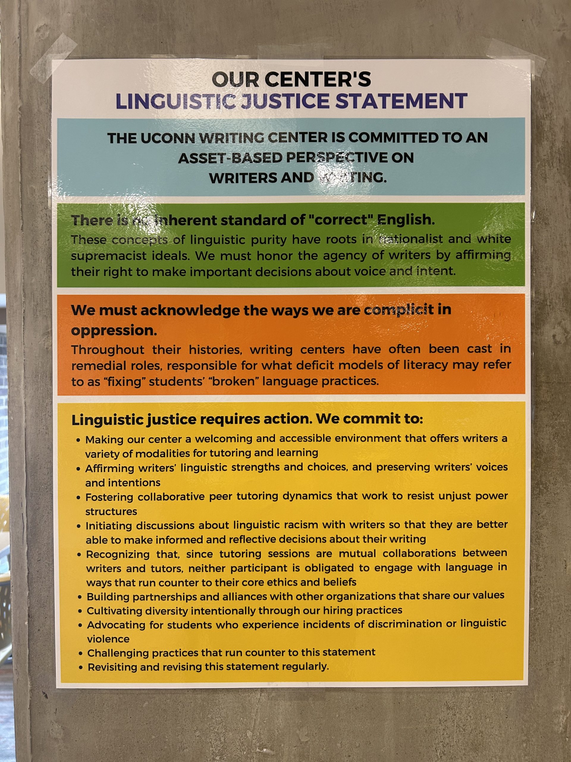 Poster depicting the UConn writing center's linguistic justice statement.