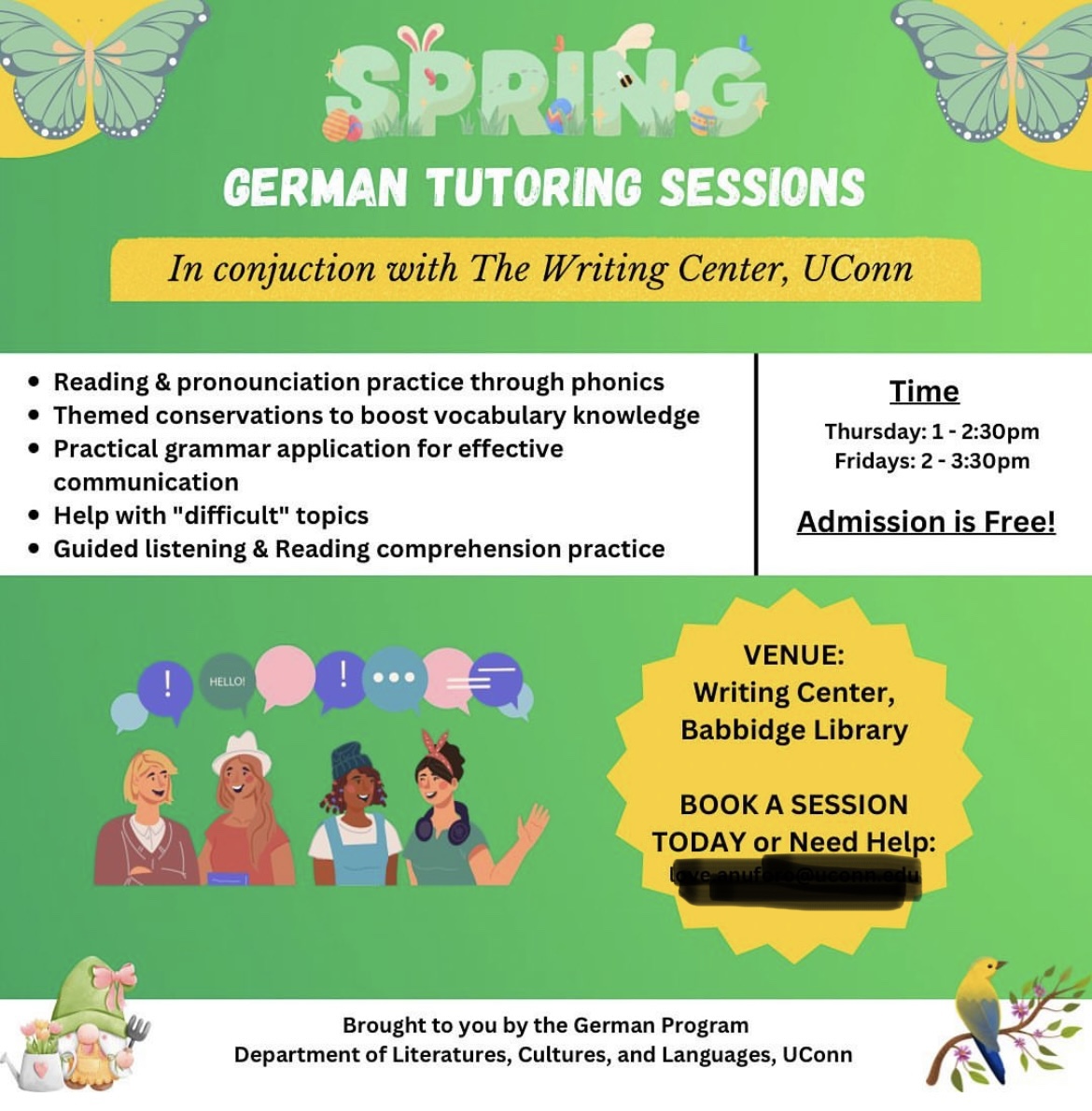 Copy of a green flyer encouraging students to attend German language tutoring in the writing center.