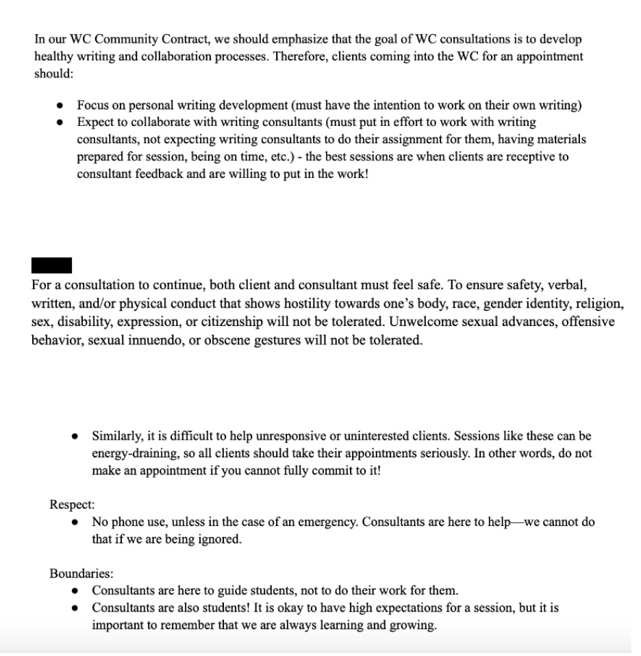 This image is a bullet-pointed list of things consultants would like to see in a community contract, as well as what they want to see reflected in their sessions. Themes like respect, boundaries, and safety are repeated throughout. 