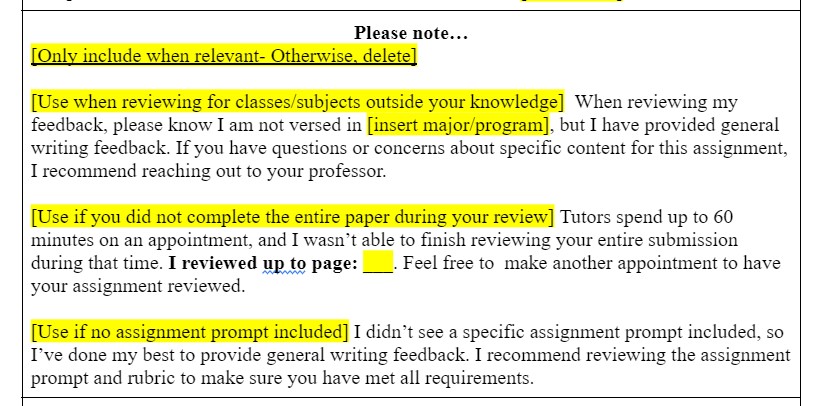 A short section of the Drop-Off Essay Review cover page that contains various disclaimers for tutors to use in their feedback.