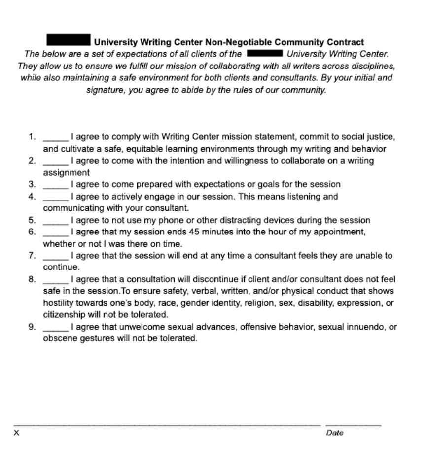 This is the first draft of our community contract. It is a little aggressive, requiring the initials of the signer on nine different lines, as well as a signature on the bottom of the page. There is a statement at the top that asserts that by the initials and signatures, the signer agrees to abide by the rules of our community. Following is a numbered list of "I agree" statements. 