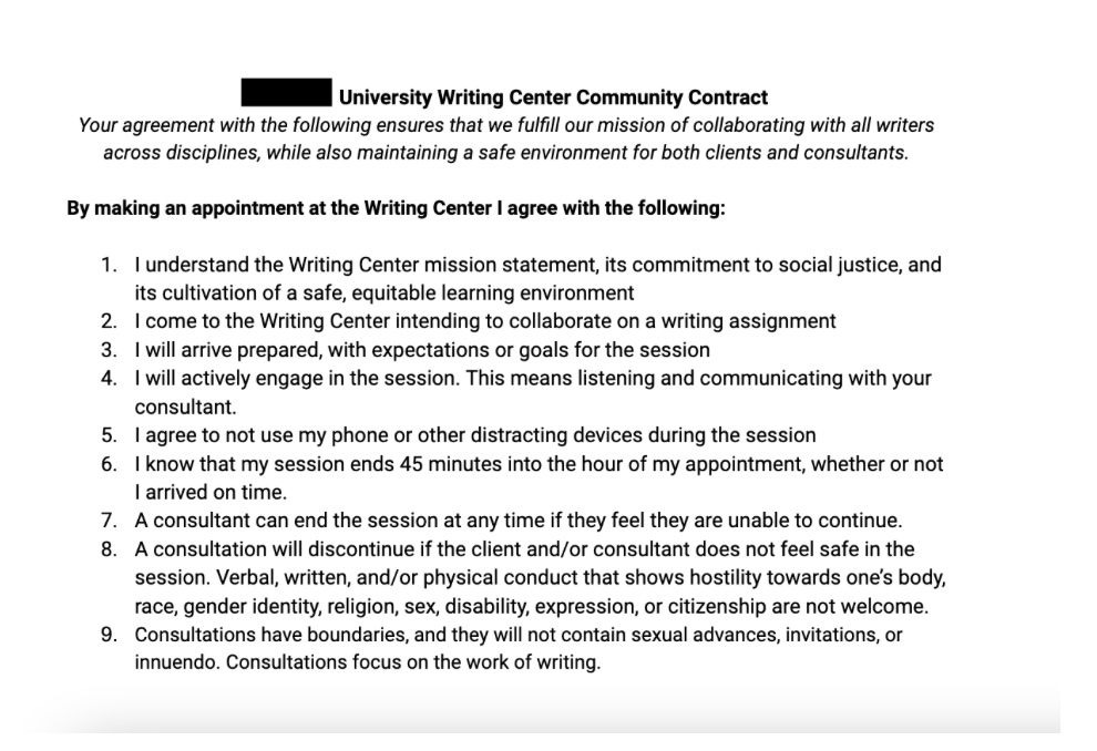 This is the final draft of our contract. It has a statement at the top on why agreement with these terms is important. Following the statement is a numbered list of 9 statements that clients and consultants "agree" to. These statements read as affirmations, with the first six being "I" statements and the last 3 statements describing the parameters of an appropriate consultation. 