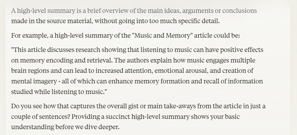 A screenshot of an interaction with Claude 3. Claude/the tutor explains a high-level summary and provides an example from the article the student just provided. Claude/the tutor asks if the student sees how it captures the overall gist of the piece. 