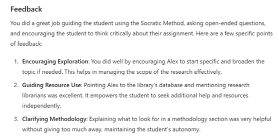 A screenshot of feedback from ChatGPT 4o about the user's/tutor's tutoring techniques. The platform mentions the user encouraged exploration, guided resource use, and clarified methodology.